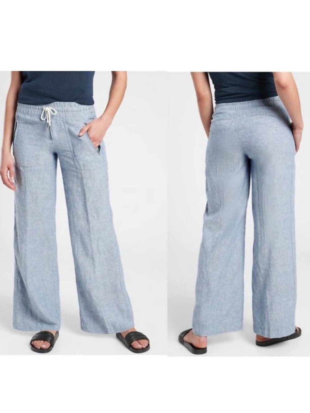 ATHLETA Cabo Linen Wide Leg Pants Size 14 Chambray Blue Drawstring